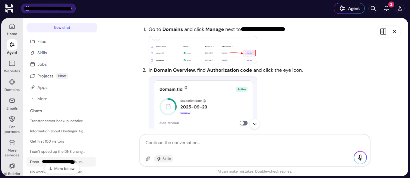 Hostinger Agent chat explaining how to find a domain's authorization code, with steps to open Domains, click Manage and use the eye icon