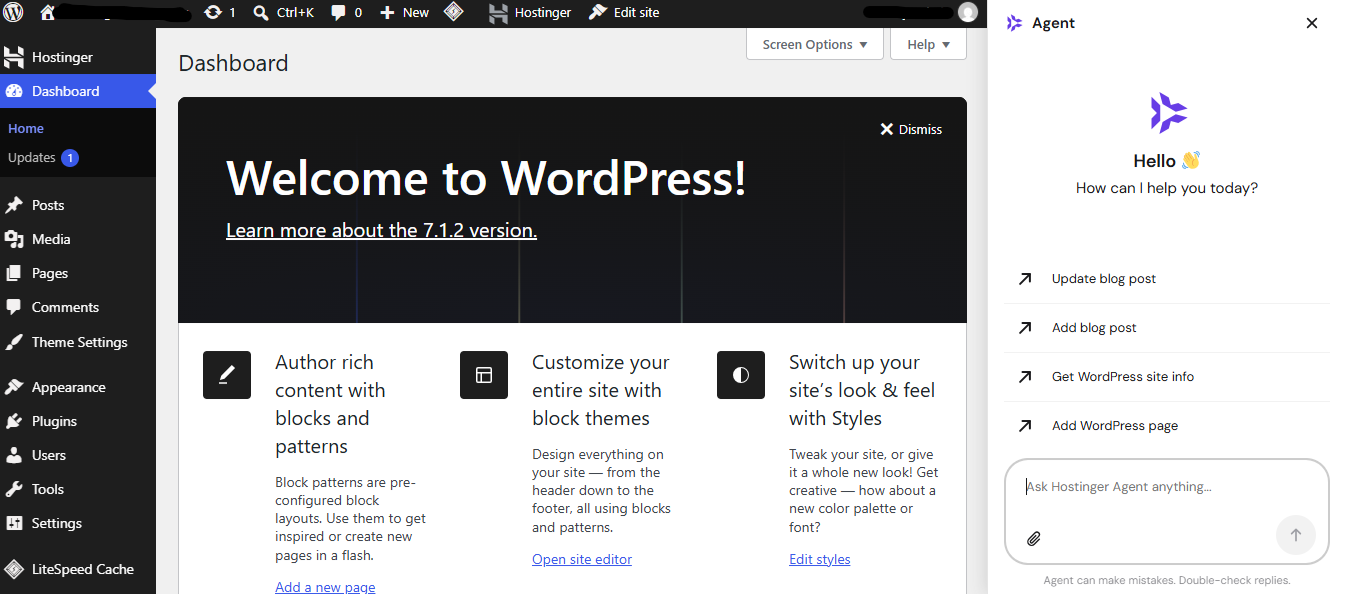 A WordPress dashboard with the Hostinger Agent panel open, offering Update blog post, Add blog post, Get WordPress site info and Add WordPress page