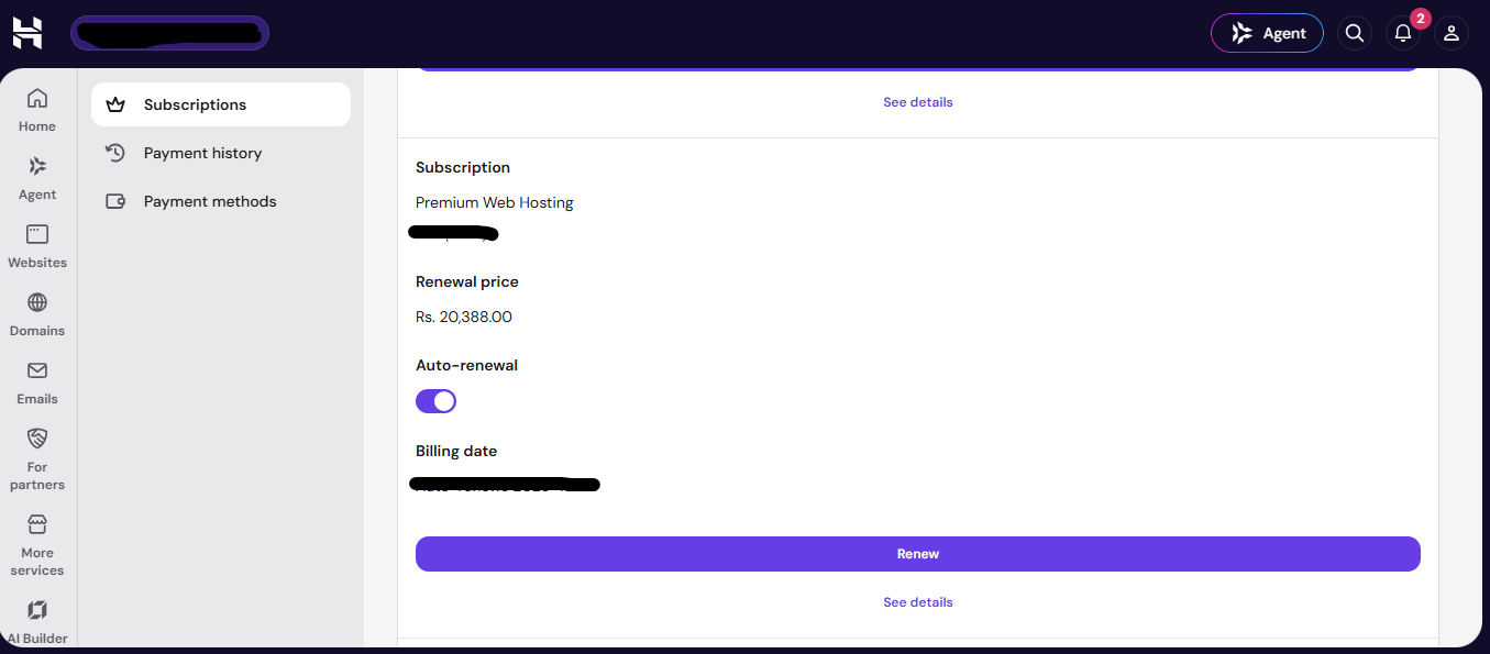 Hostinger subscriptions page showing a Premium Web Hosting renewal price of Rs. 20,388.00 with auto-renewal switched on